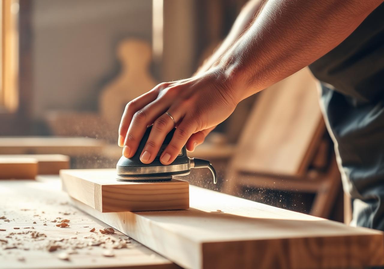 Craftsman sanding hardwood in the Maqmatt Gaborone workshop
